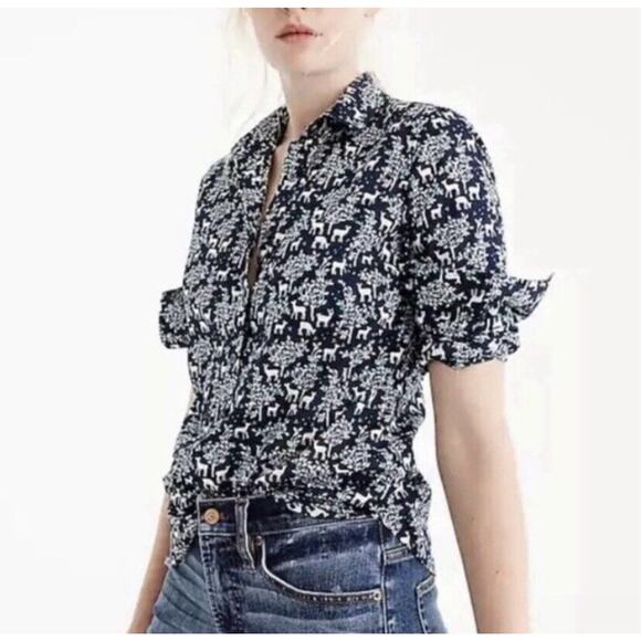 J. Crew Women's Blouse Navy Blue Deer Print Button Woodland Popover Size 00 - Picture 14 of 15